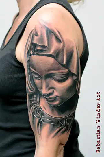 la pieta tattoo, holy mary tattoo, mutter gottes tattoo, heilige maria tattoo